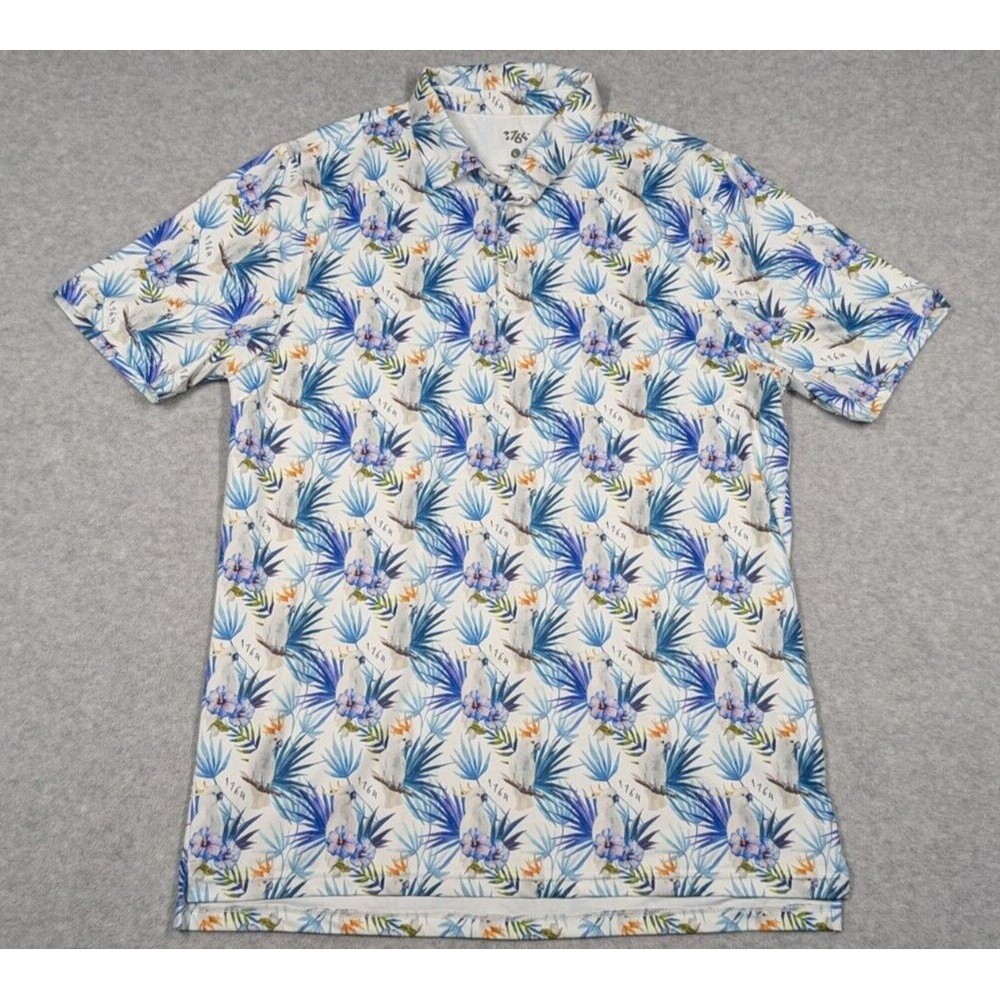 1764 Men Shirt‎ Large Performance Golf Polo Floral Parrot Preppy Short Sleeve